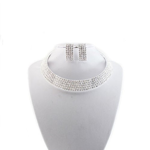 Clear 5 Row Elastic Flexing Rhinestone Choker Necklace and Earrings Jewelry Set