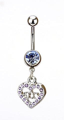 Blue Lavender Stone Sexy Inscription Heart Charm Surgical Steel Belly Ring in Silver-Tone