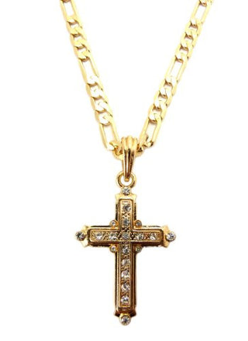 Gold Tone Rhinestone Cross Pendant w/ 5mm 24" Figaro Chain MSP047G