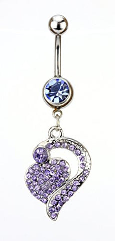 Blue Lavender Rhinestone Heart Charm Surgical Steel Belly Ring in Silver-Tone
