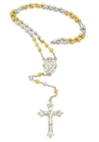 Oval St. Mary and Passion Crucifix Cross Pendant 36" Rosary Bead Necklace - Two Tone