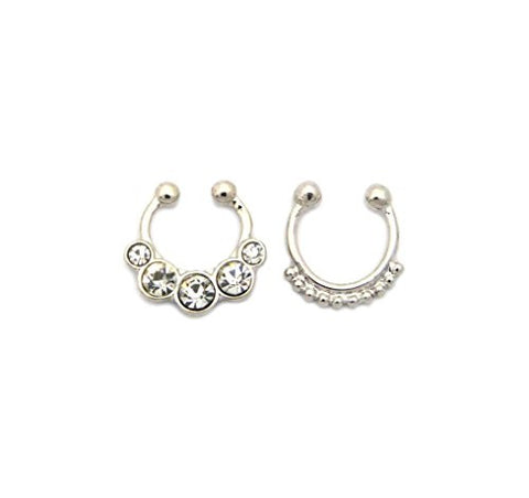 Stone Studded & Plain Non-Pierced Nose Hoop Ring in Silver-Tone