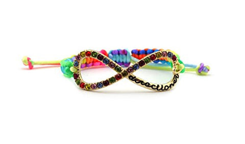 Multi-Color Rhinestone Infinity Charm Rainbow Macrame Bracelet