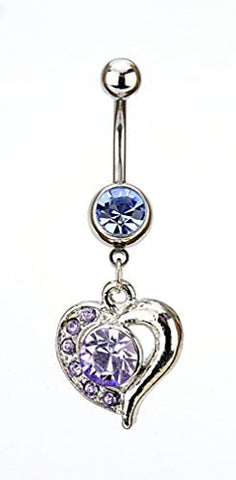 Blue Lavender Stone Heart Charm Surgical Steel Belly Ring in Silver-Tone