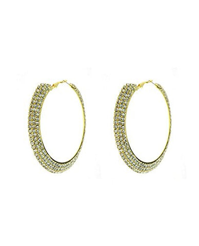 Triple Rhinestone Row 58mm Fashion Hoop Earrings in Gold-Tone