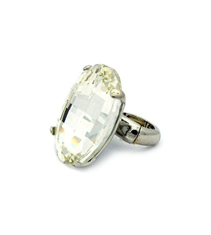 Enlarged Oval Clear Stone Fashion Stretch Ring in Silver-Tone