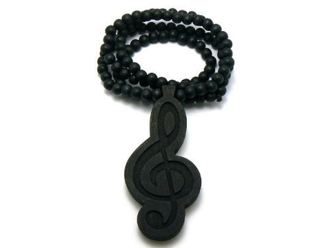 High Clef Music Symbol Wood Pendant 36" Wooden Bead Chain Necklace in Black-Tone WJ125BK