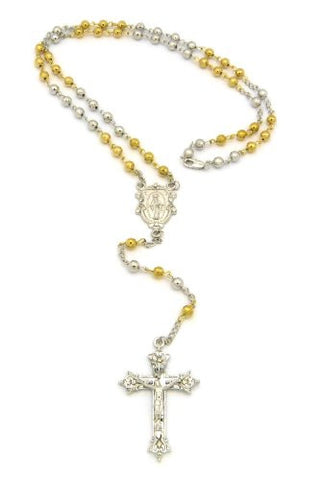Royal St. Mary and Passion Jesus Cross Pendant Bead Chain Rosary Bead Necklace - Two Tone