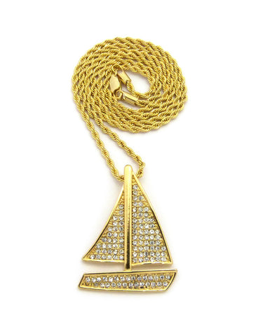 Stone Stud Sailboat Pendant w/2mm 24" Rope Chain Necklace