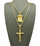 Jesus Face & Slim Crucifix Jesus Pendant Set w/ 2mm 24" & 30" Box Chains in Gold-Tone