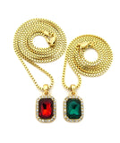Micro Faux Ruby & Faux Emerald Stone Pendant Set 2mm 24" & 30" Box Chain Necklace in Gold-Tone
