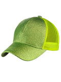 C.C Ponycap Messy High Bun Ponytail Adjustable Glitter Mesh Trucker Baseball Cap, Lime