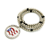 Stone Stud Puerto Rico Waving Flag Medal Pendant with 6mm 30" CCB Bead Necklace, Silver-Tone