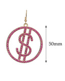 Women's Stone Stud Encircled Dollar Sign Money Symbol Dangle Pierced Earrings, Pink/Gold-Tone