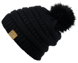 NYFASHION101 Soft Stretch Cable Knit Faux Fur Pom Pom Beanie Hat