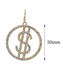 Women's Stone Stud Encircled Dollar Sign Money Symbol Dangle Pierced Earrings, Aurora Borealis/Gold-Tone