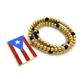 Polished Flag Pendant with 6mm 30" CCB Bead Necklace in Gold-Tone, Puerto Rico
