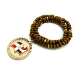 Stone Stud Dominican Republic Waving Flag Medal Pendant with 6mm 30" Wood Bead Color Disc Necklace, Black Wood/Silver-Tone