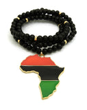 Pan Africa Continent Pendant with  8mm 36" Black Wooden Bead and Metal Disc Necklace, Gold-Tone