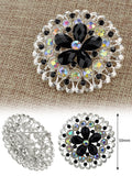 NYFASHION101 Elegant Formal Star Flower Rhinestone Studded Round Brooch Pin, Black/Silver-Tone