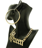 Stone Stud Crowned Queen Pendant Chain Necklace with Polished Hoop Earrings Jewelry Set