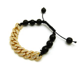 Hip Hop Rapper's Style 12mm Iced Out Cuban Link and 10mm Black Stone Bead Adjustable Knotted Bracelet, Gold-Tone, XB445G