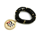 Stone Stud Cuba Waving Flag Medal Pendant with 6mm 30" Wood Bead Color Disc Necklace, Black Wood/Gold-Tone
