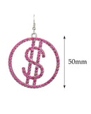 Women's Stone Stud Encircled Dollar Sign Money Symbol Dangle Pierced Earrings, Pink/Silver-Tone