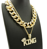 Hip Hop Rapper's Style Iced Out Cuban Chain & Stone Stud Crowned KING Pendant with Box Chain Necklace Set
