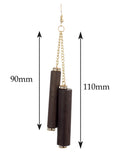 Women's Wood Cylinder Mini Stone Stud Ends Link Chain Dangle Pierced Earrings, Brown
