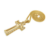 Stone Stud Double Cross Pendant with 5mm 24" Cuban Chain Necklace, Gold-Tone