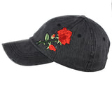 Women's Patched Rose Low Profile Vintage Denim Baseball Dad Cap Hat, Black