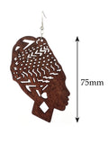 Women's Wooden African Woman Turbanista Figure Dangle Pierced Earrings Set, Black/Brown/Light Brown