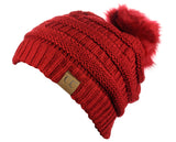 NYFASHION101 Soft Stretch Cable Knit Faux Fur Pom Pom Beanie Hat