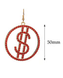 Women's Stone Stud Encircled Dollar Sign Money Symbol Dangle Pierced Earrings, Red/Gold-Tone