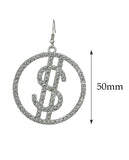 Women's Stone Stud Encircled Dollar Sign Money Symbol Dangle Pierced Earrings, Clear/Silver-Tone