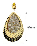 Women's Stone Stud Imprinted Design Teardrop Metal Dangle Clip On Earrings, Gold-Tone