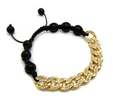 Hip Hop Rapper's Style 10mm Iced Out Cuban Link and 8mm Black Stone Bead Adjustable Knotted Bracelet, Gold-Tone, XB446G