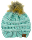 NYFASHION101 Soft Stretch Cable Knit Faux Fur Pom Pom Metal Color Beanie Hat