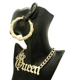 Stone Stud Crowned Queen Pendant Necklace with Bamboo Hoop Earrings Jewelry Set