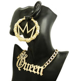 Stone Stud Crowned Queen Pendant Necklace with Crown Charm Bamboo Hoop Earrings Jewelry Set