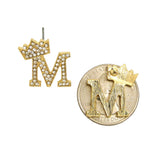 Stone Stud Tilted Crown Initial Pierced Earrings, M/Gold-Tone