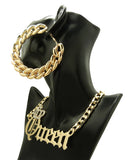 Stone Stud Crowned Queen Pendant Chain Necklace with Bamboo Style Hoop Earrings Jewelry Set