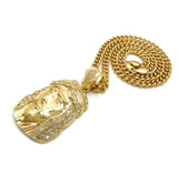 Stone Stud Hair Jesus Face Pendant with 6mm Cuban Chain in Gold-Tone, 30"