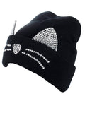D&Y Women's Winter Silver-Tone Rhinestone Cute Cat Ear and Whisker Cuffed Knit Beanie Hat