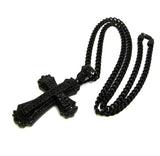 Stone Stud Layered Gothic Cross Pendant with 5mm 24" Cuban Chain Necklace in Black