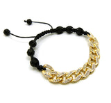 Hip Hop Rapper's Style 10mm Iced Out Cuban Link and 8mm Black Stone Bead Adjustable Knotted Bracelet, Gold-Tone, XB448G
