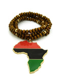 Pan Africa Continent Pendant with  6mm 30" Wooden Bead and Metal Disc Necklace, Gold-Tone/Brown Wood