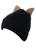 D&Y Women's Winter Gold-Tone Rhinestone Cute Cat Ear Cuffed Knit Beanie Hat