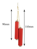 Women's Wood Cylinder Mini Stone Stud Ends Link Chain Dangle Pierced Earrings, Red